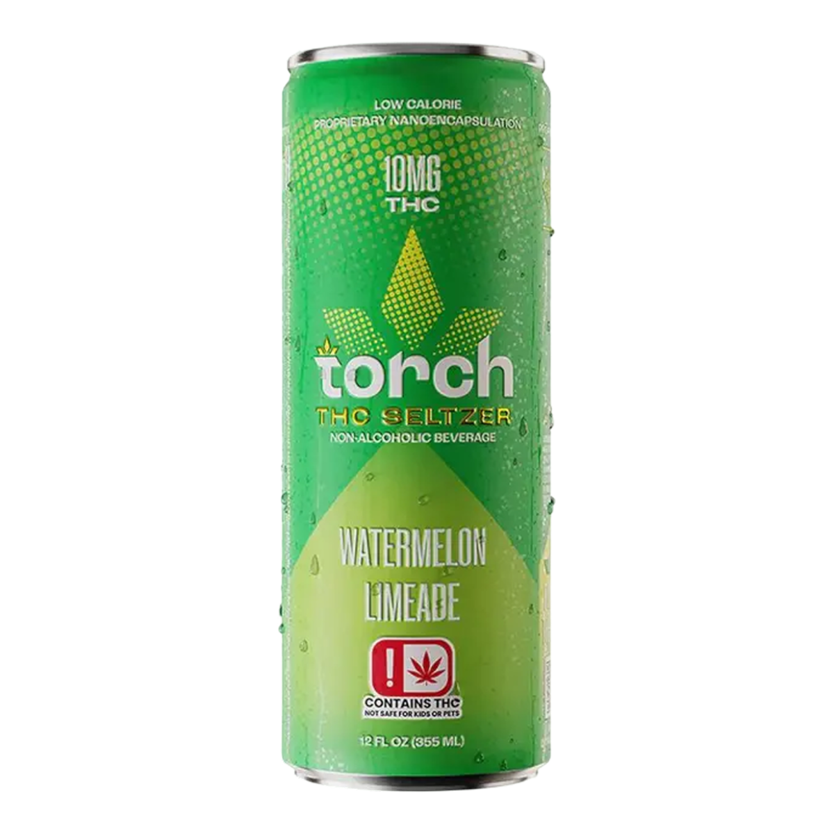 Lata de California Leaf Torch Seltzer sabor sandía y lima con 10mg de THC, refresco bajo en calorías y nano-tecnología.