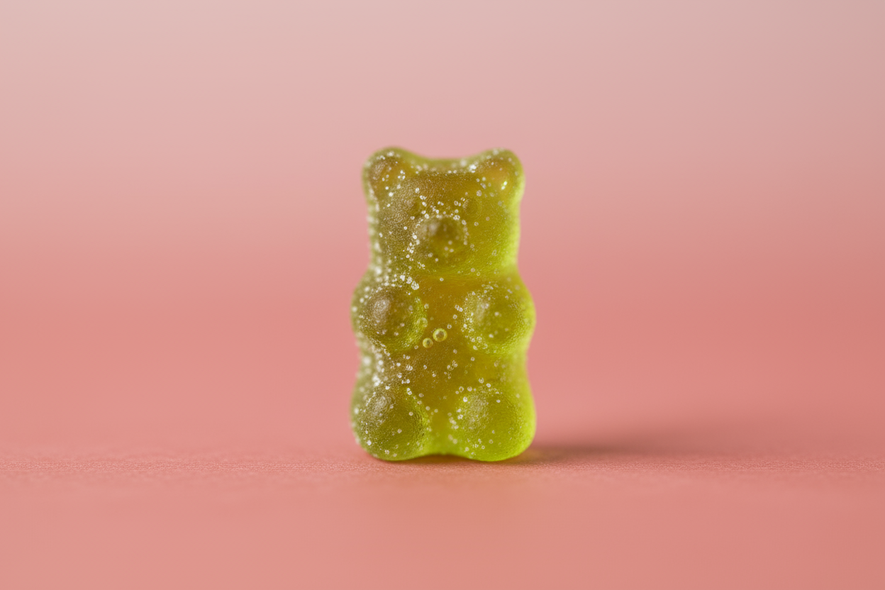 una gomita verde en un fondo color rojo pastel